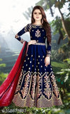 Taffeta silk, embroidered work gown with three-quarter sleeves. Semi-stitched, Indian-made fashion for professional women