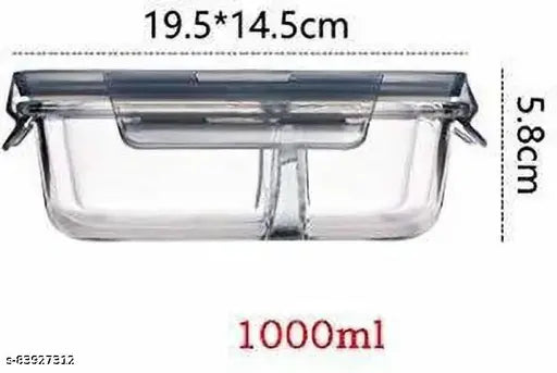 Rectangular Glass Storage Bowl Set with Clamp Plastic Multicolour Lid - 1000 ml Glass Utility Container (Clear)
