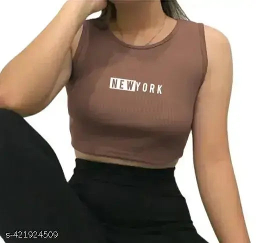 Stylish cotton rib top with NY design, sleeveless and printed, in size M, perfect for everyday wear from FASHION AND YOUTH (India)