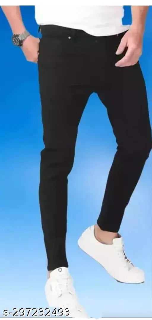 Cotton blend plain black jeans for men, solid fabric in multiple sizes from 28 to 36 inches
