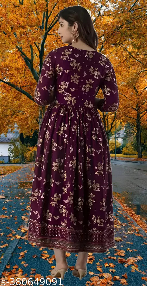 Red viscose rayon printed Anarkali kurti for women, three-quarter sleeves, Indian fashion