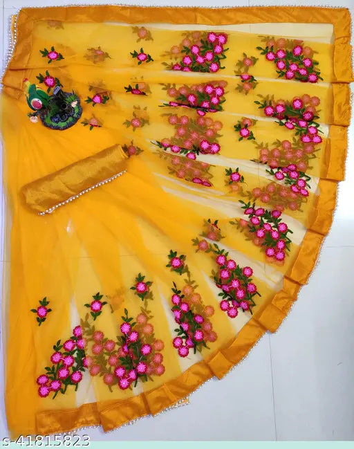 Indian mustard net saree with separate satin blouse, embroidered pattern