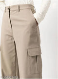 Tan highwaisted straightlegged tapered casual pants for women with a wide-legged design