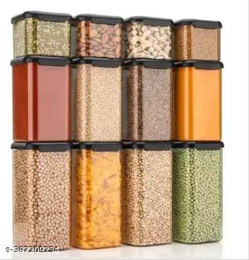 Airtight plastic storage container set in different sizes and shapes for kitchen dabbas, groceries, and food items. Set includes four containers with capacities marked as 1500ml, 1100ml, and 500ml each. Transparent with color labels on the side for easy identification