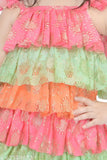 Pink, green, yellow cotton blend dress with ruffled hem