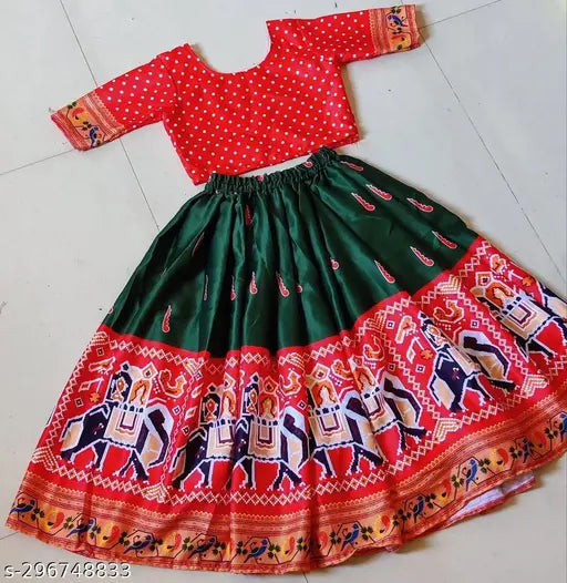 kids satin lehenga choli set, printed with ethnic motif, semi-stitched net. Perfect for girls' weddings aged 1-14 years, India origin