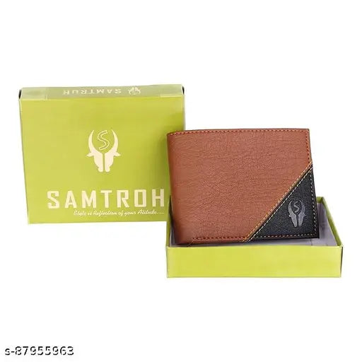 Tan PU leather men's wallet, compact and spacious with 2 compartments, ideal for everyday use