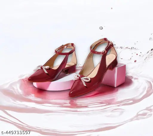 Maroon pointed toe high heels, cherry accented bow detailing, stylish design, comfortable fit