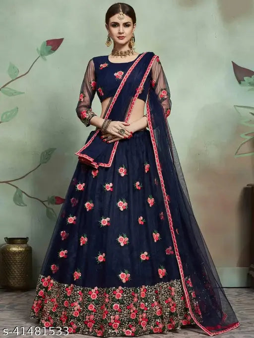 Embroidered net lehenga set with choli and dupatta, Resham-embroidery, sequins, zari detailing. Semi-stitched, free size, 1kg weight. Indian festival, partywear, wedding occasion