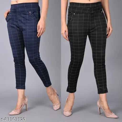 navyblue cotton blend checked jeggings pack of 2, women's flattering stretchy pants with elasticated waistband, great for casual wear & lounging, free size (waist 30in, length 40in), made in India