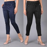 navyblue cotton blend checked jeggings pack of 2, women's flattering stretchy pants with elasticated waistband, great for casual wear & lounging, free size (waist 30in, length 40in), made in India
