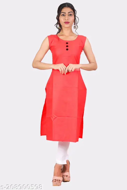 Red cotton straight kurta with short sleeves