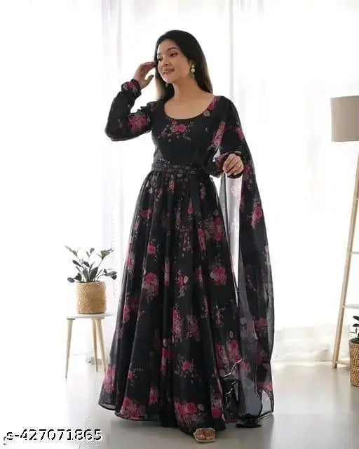 Black Krishna print Georgette long-sleeved dress, vibrant Indian fashion on mannequin
