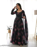 Black Krishna print Georgette long-sleeved dress, vibrant Indian fashion on mannequin