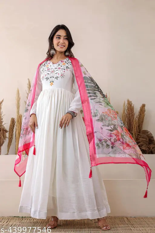 Vichitra Silk Sequins Embroidered Festival Special Gown with Tebby Silk Dupatta, Indian traditional wear in S, M, L, XL, XXL sizes