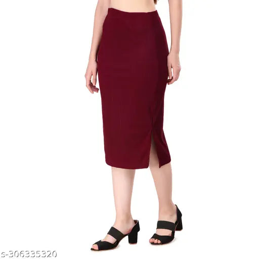 Black ribbed pencil skirt, side slit, elastic waistband, calf length