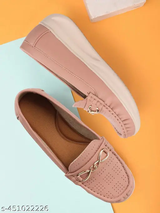 Womens pink slip-on ankle flat loafer with synthetic leather material