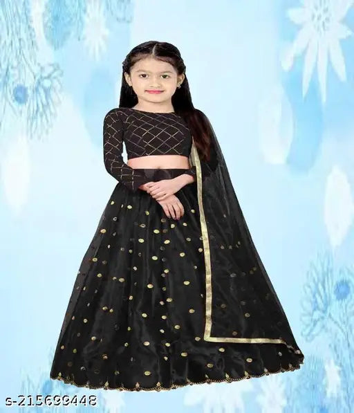 Chanderi cotton semi-stitched angel style lehenga choli for kids, ethnic motif design, suitable for 3-15 years