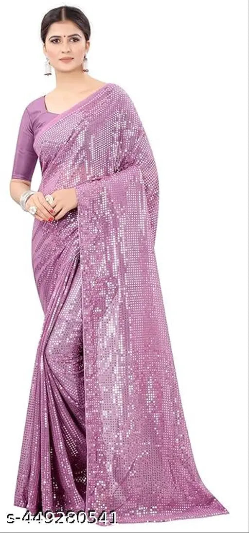 Purple sequined saree with embroidered border and pallu