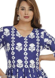 Blue rayon floral print three quarter sleeve anarkali kurti for women