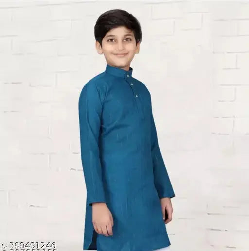 Blue cotton mini kurta for boys, solid pattern, long sleeves, sizes range from 4-5 to 15-16 years