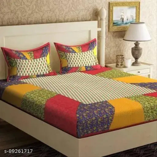 Cotton double bedsheet with ethnic motifs, high-quality flat sheets, two pillow covers included for a stylish bedroom look. Made in India