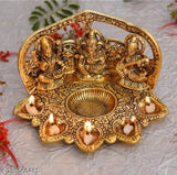 Metal Laxmi Ganesh Saraswati 5 Diya Set, Indian temple decoration & home decor item (20x12.5x13.5 cm)