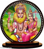 Multicolor wooden Narasimha dashboard idol, ideal for car and home decor. Matte finish, prelaminated MDF, double-sided tape included. Made in India