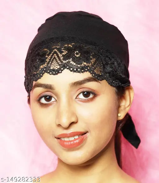 Black hijab cap, lace detailing, hairnet style