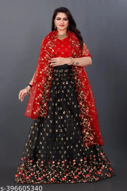 New party wear sequin lehenga-choli set, heavy & fancy color with intricate semi-stitched embroidery, 44" waist and 44" length in net material