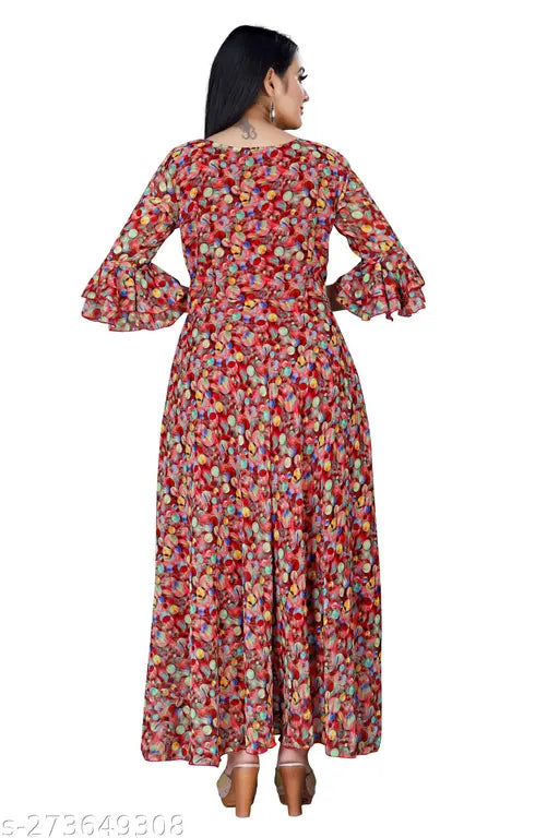 Georgette digital printed kurti-gown for women, round neck with bell sleeve, S-6XL sizes available