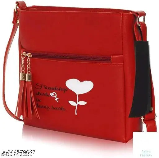 Red printed sling bag for women with friendship theme