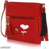 Red printed sling bag for women with friendship theme