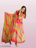 Georgette Leheriya print Anarkali long sleeve kurta set with dupatta in pink, perfect for casual, party, or traditional events for women