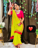 Trendy, georgette sari with lace work and chiffon skirt. 60gm, low budget, Gillkart. Printed with a bandhani design