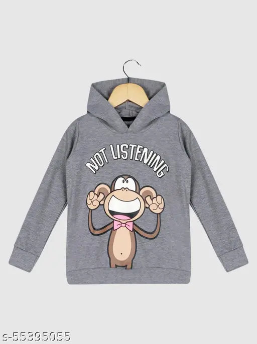 Grey cotton blend boys' sweatshirt and hoodie, pack of 1 with printed design for active play, made in India