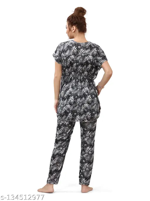 Soft satin kaftan night suit with top & pyjama, printed design for lounge and sleepwear
