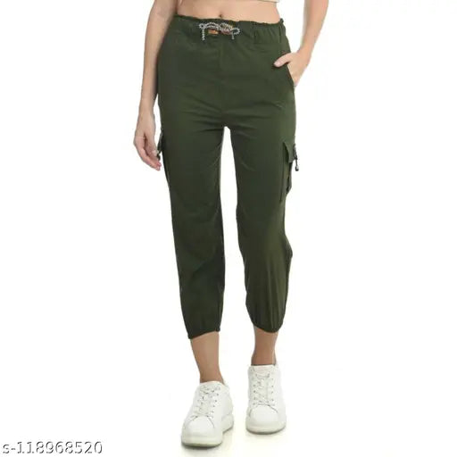 Stretchable dark green women's club cargo pants with elasticated drawstring waist and ankle length