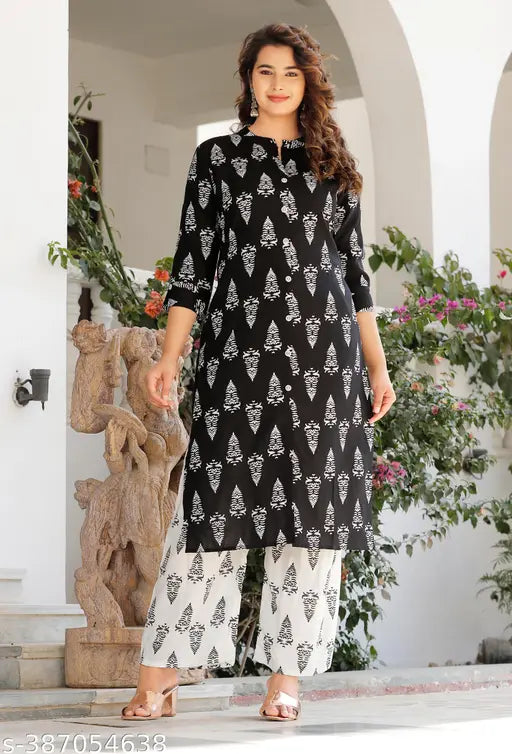 Rayon printed kurti & palazzo set, 3/4 sleeves, Indian handcrafted fashion for women