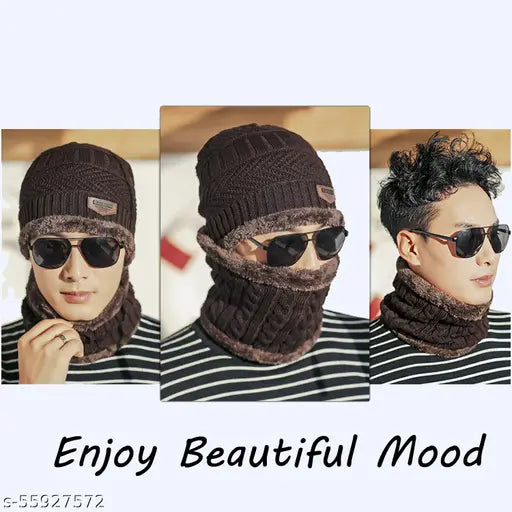 Unisex black-brown woolen beanie cap & neck warmer set (2 pcs). Premium quality, textured design for men, women, and kids. Arcylic material, Indian origin