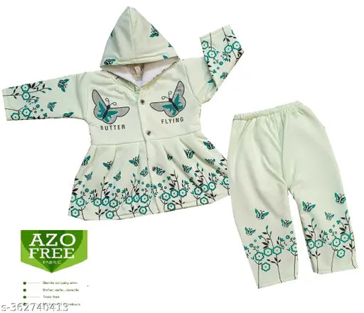 Soft wool hoody sweat frock & pyjama combo set for girls, printed winter pattern, ideal for 0-24 months