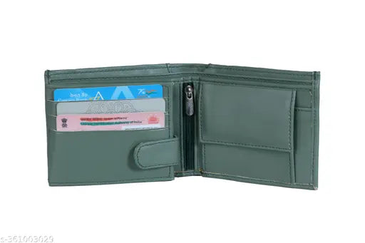 Light green leather men's wallet, top-grained genuine leather, 9 card slots, 2 currency pockets, secret compartments, 3 ID slots. Handcrafted, compact yet spacious, slim design for everyday use