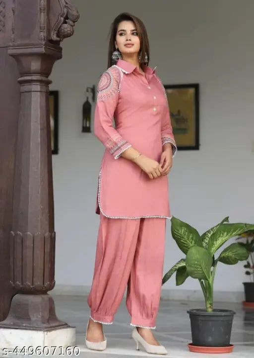 Rayon Jivika Sensational Women's Kurta Set with Patiala bottoms, solid pattern, three-quarter sleeves. Indian-made traditional ethnic wear for M, L, XL, and XXL sizes