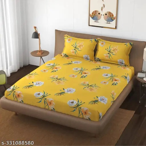 Glace cotton floral double bed sheet set, elastic fitted with 2 pillowcases for summer, ideal for adults. Made in India