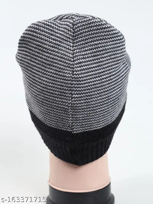 Textured one-size Lycra beanie cap, solid woolen Lycos men's hat from India