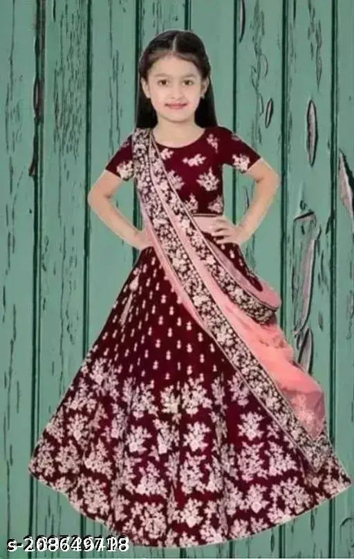 Maroon embroidered silk lehenga-choli set with taffeta silk dupatta, semi-stitched for children ages 0-14 years