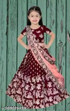 Maroon embroidered silk lehenga-choli set with taffeta silk dupatta, semi-stitched for children ages 0-14 years