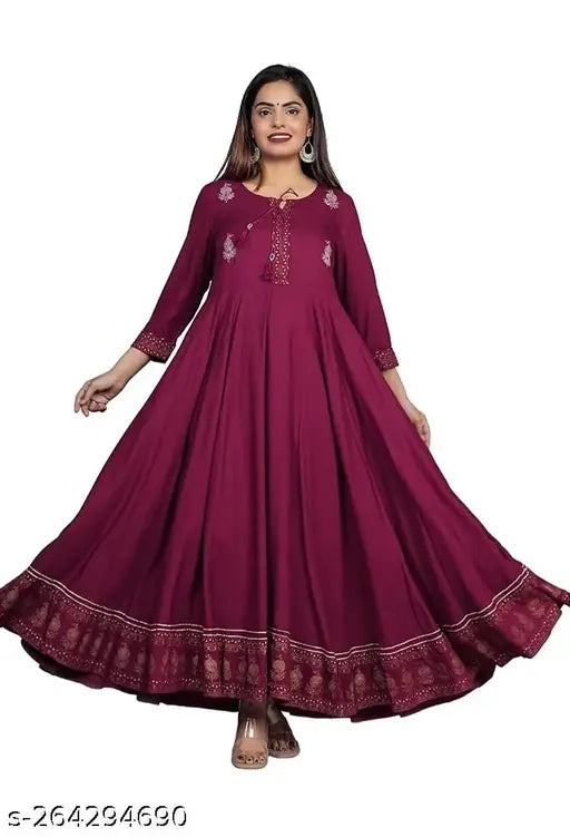 Maroon cotton embroidered women's anarkali kurta