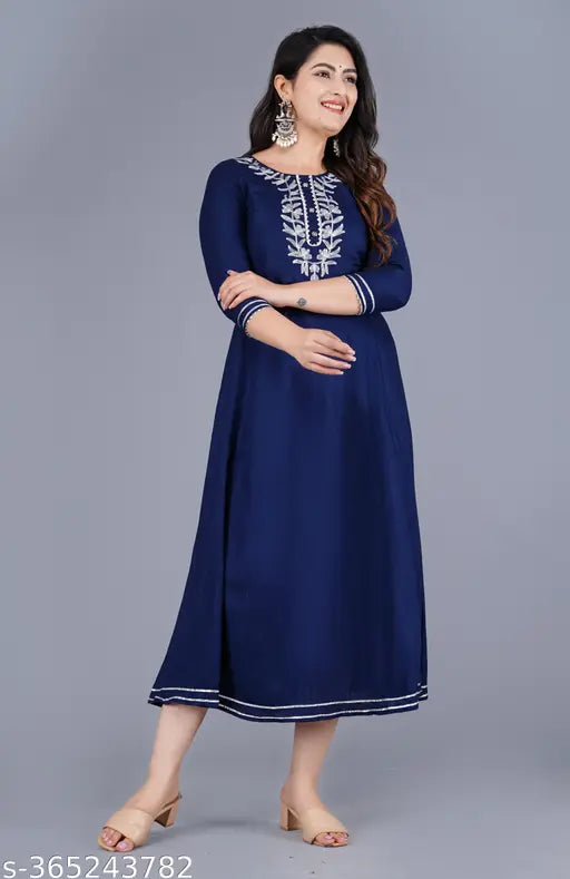 Viscose rayon embroidered anarkali kurti, solid combo, M-XXXL sizes