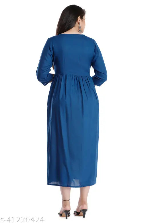 Rayon printed blue stylish kurti with embroidered pattern, three-quarter sleeves, India origin